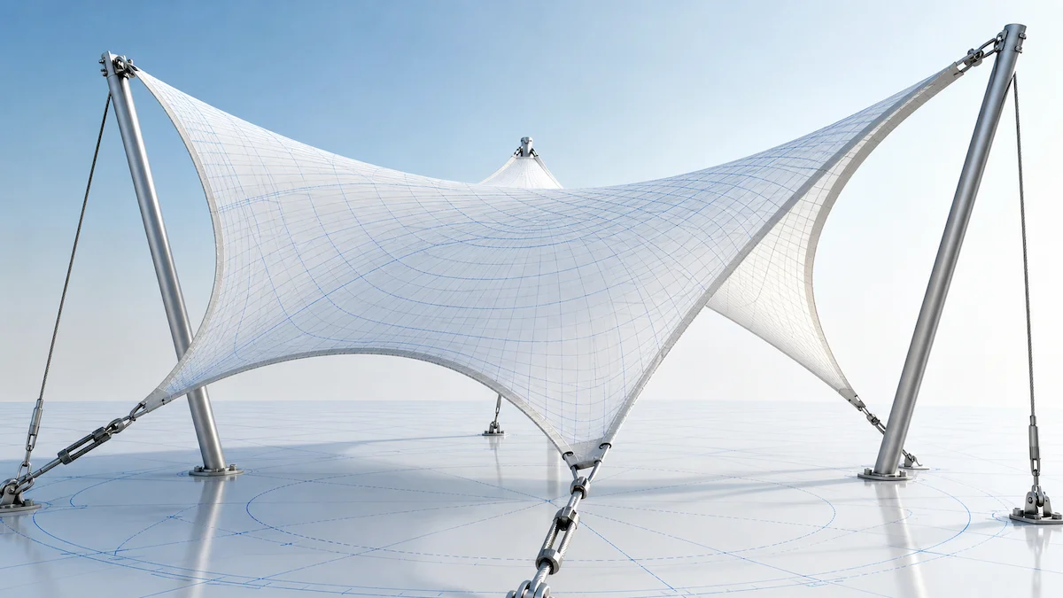 Tensile fabric membrane with double curvature, steel masts, cables and structural grid