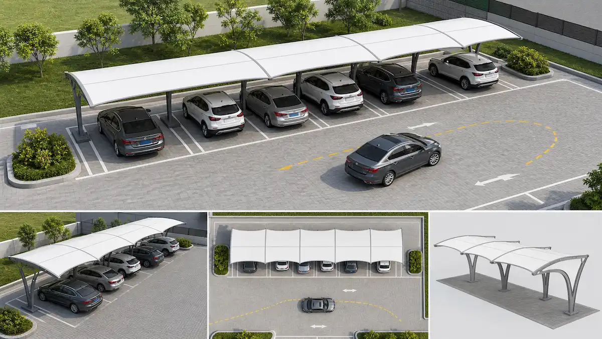 Car parking shade layout planning with vehicle bays, column position and shade coverage