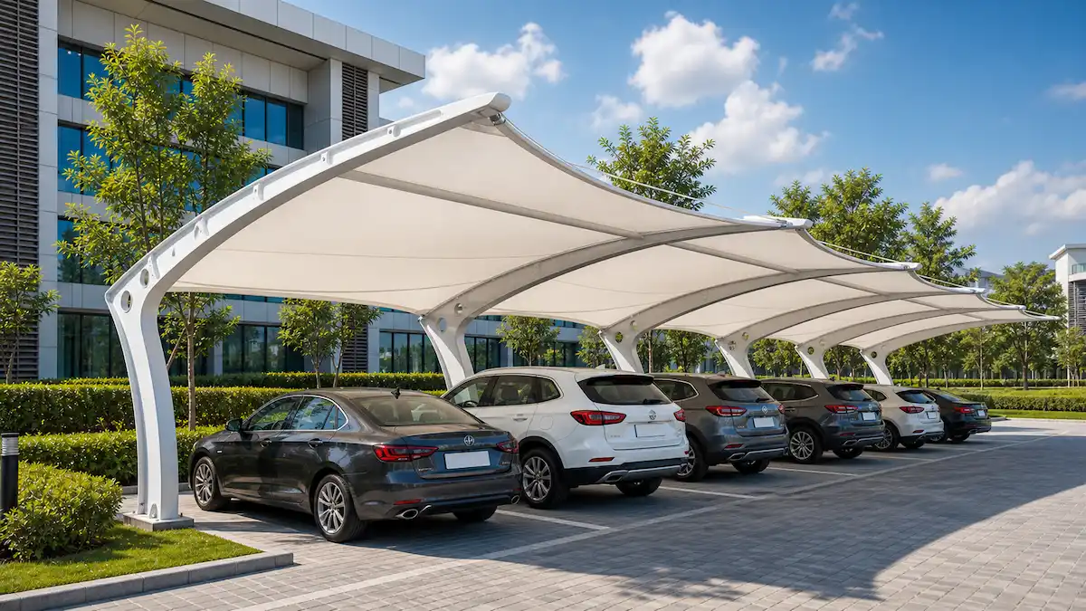 Modern car parking shade design with tensile fabric canopy, steel structure and parked vehicles