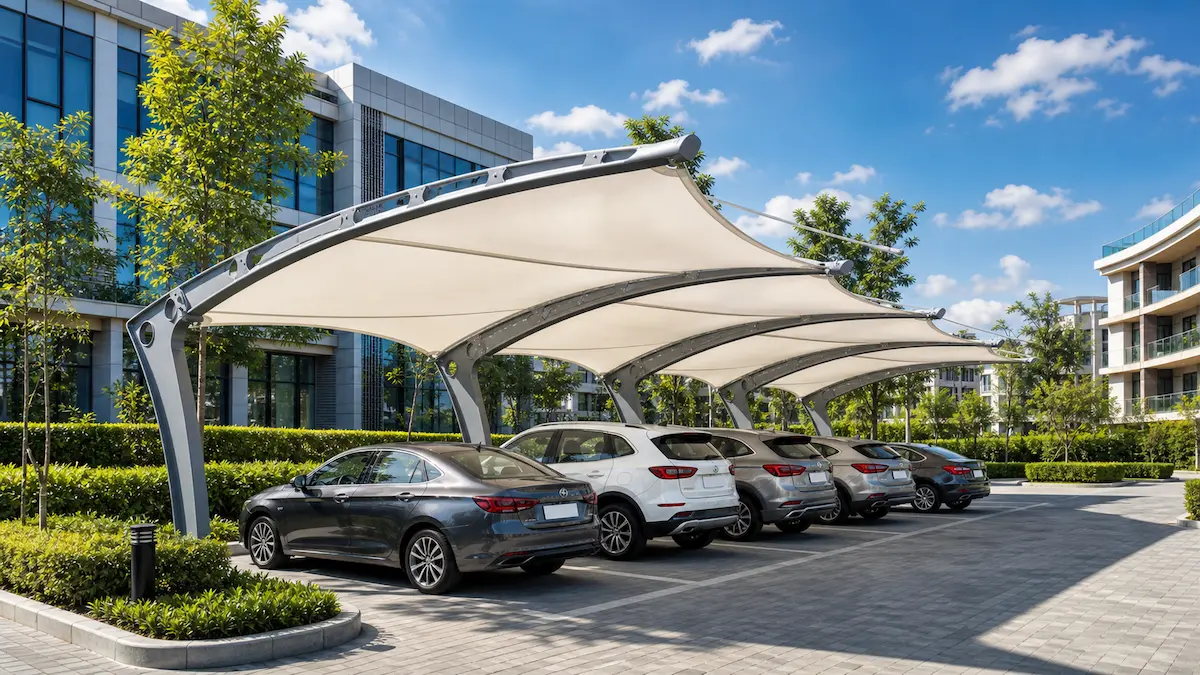 Car parking shade for residential and commercial spaces with tensile fabric canopy protecting vehicles from sunlight and rain