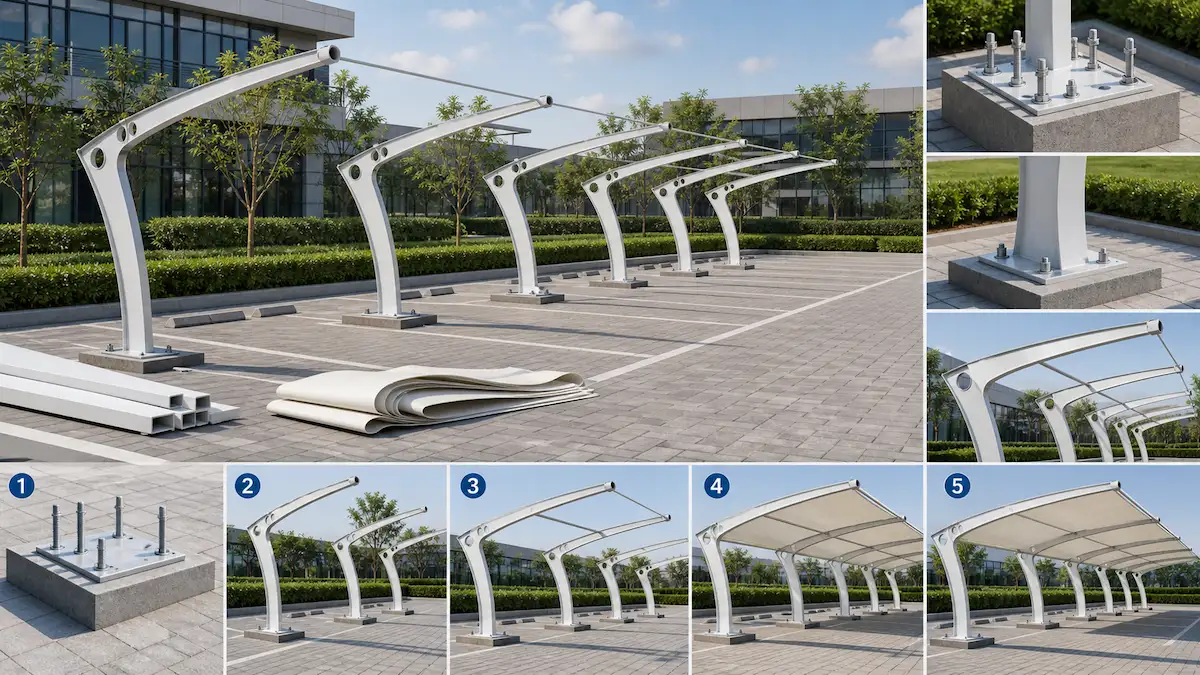 Car parking shade installation detail showing steel supports, anchors and canopy fixing