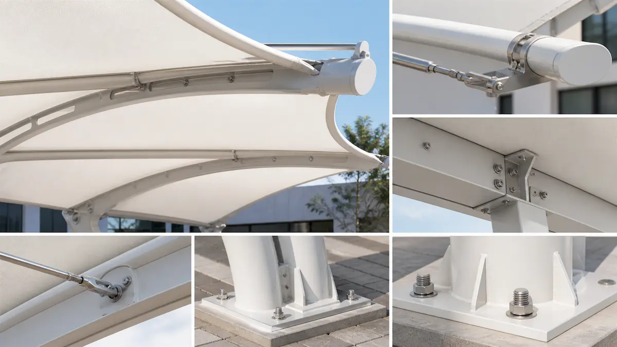 Car parking shade material detail with tensile fabric, steel frame and fittings