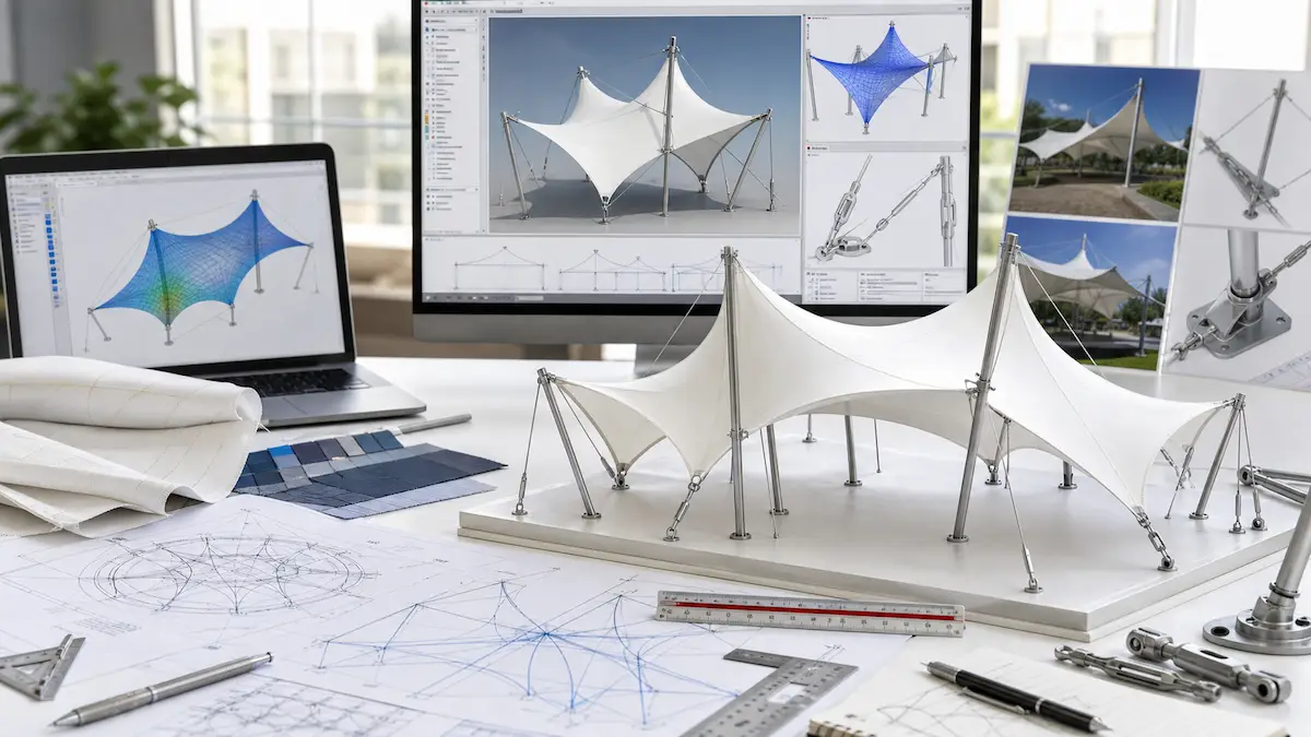 Tensile structure design process with 3D membrane model, engineering drawings, fabric samples and cable fittings
