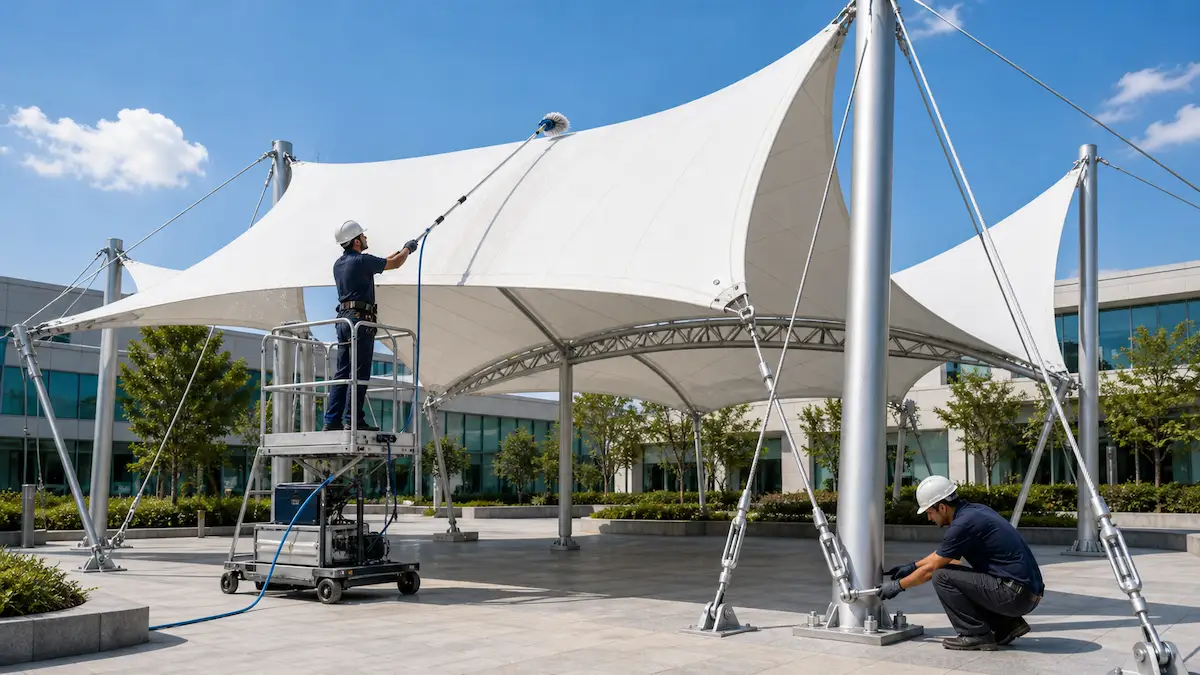 Technicians cleaning and inspecting a white tensile fabric canopy with steel masts and cables
