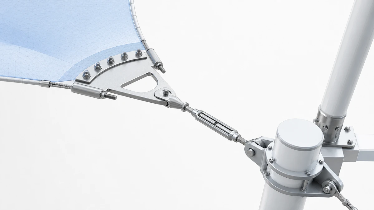 Tensile fabric structure fittings with bolted corner plate, steel cables, turnbuckle and mast connection