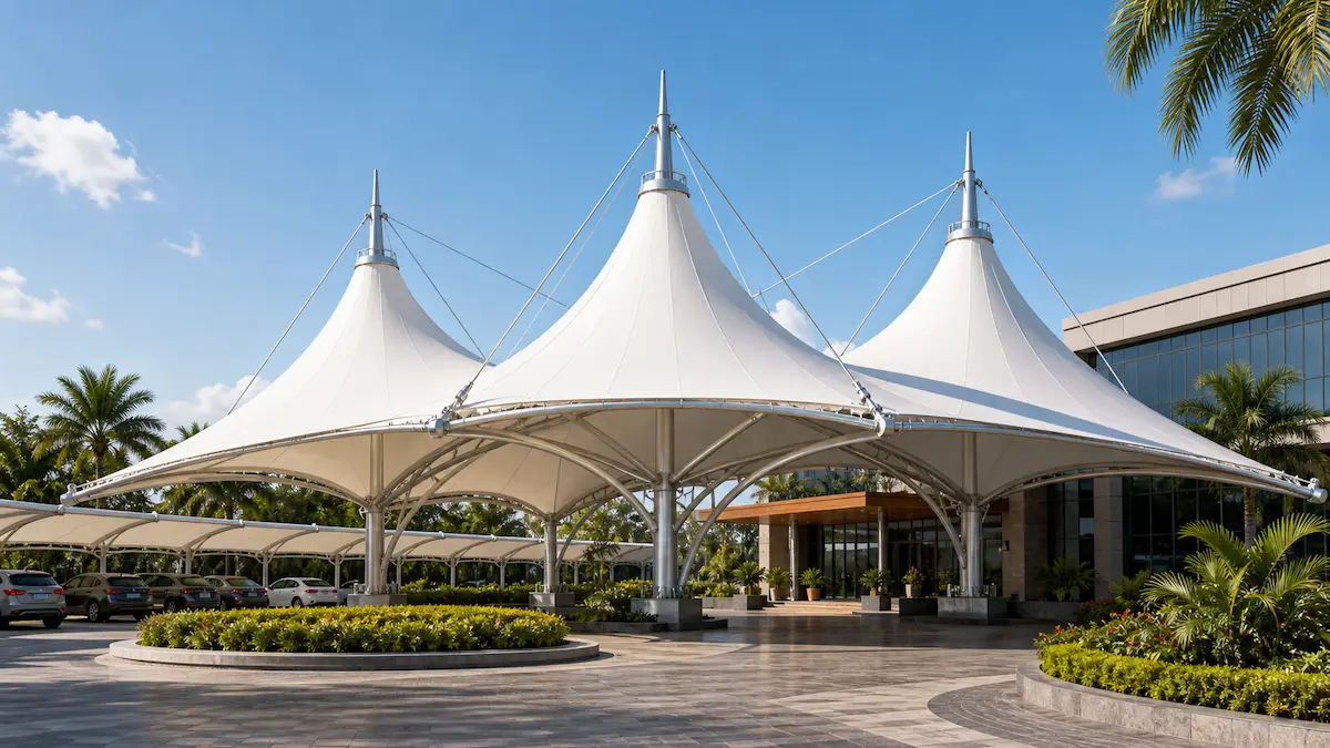 Tensile structure manufacturer in India with modern fabric roofing canopy and steel framework