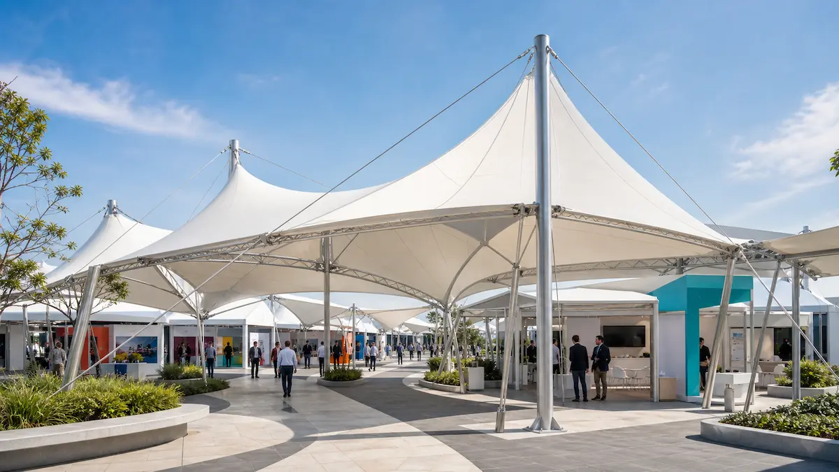White tensile membrane canopies with steel masts and event booths at an outdoor exhibition venue