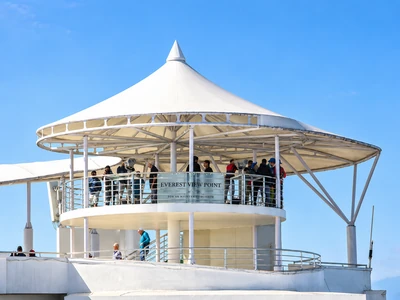 Resort tensile structure with conical and barrel vault fabric roofs at Chandragiri Hills Resort, Kathmandu, Nepal