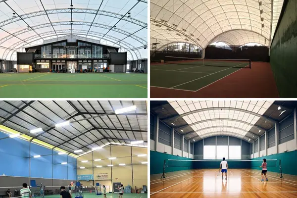 ShadeCo badminton court shade, a durable and customizable tensile canopy providing cost-effective roofing for indoor or outdoor sports facilities.