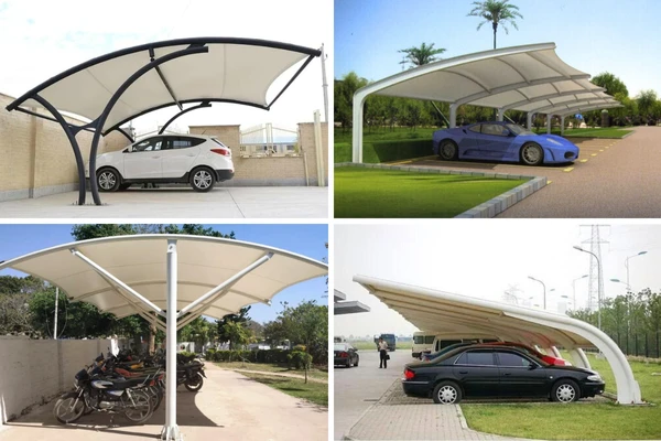 A modern car parking tensile structure by ShadeCo, showcasing a durable, stylish canopy installed over a parking lot, providing shade and protection for vehicles in a commercial or residential setting.