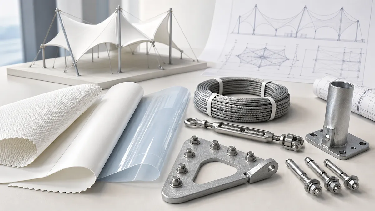 Key materials used in tensile fabric structures including PVC fabric, PTFE membrane and structural steel