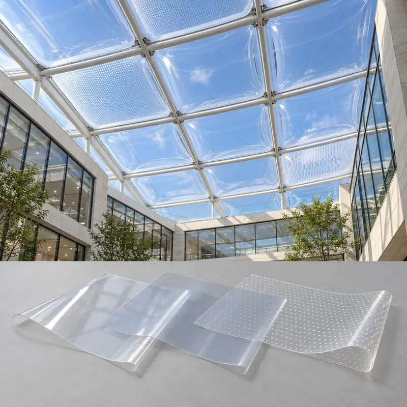 Transparent ETFE cushion roof with clear and printed foil samples
