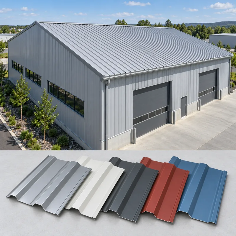 Metal-roofed industrial building with colour-coated roofing sheet samples