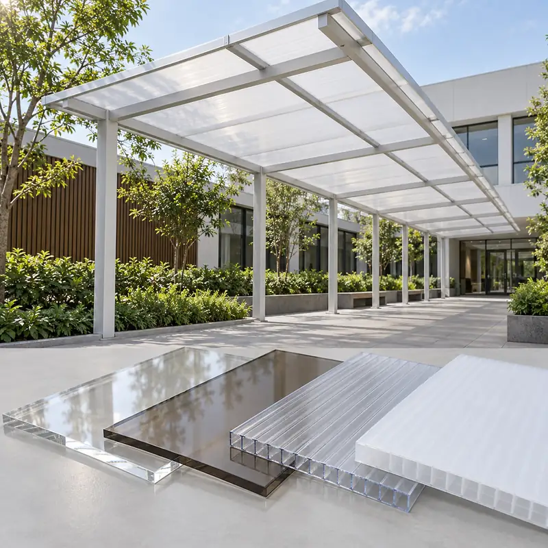 Polycarbonate walkway canopy with clear, bronze-tinted and multiwall roofing sheet samples