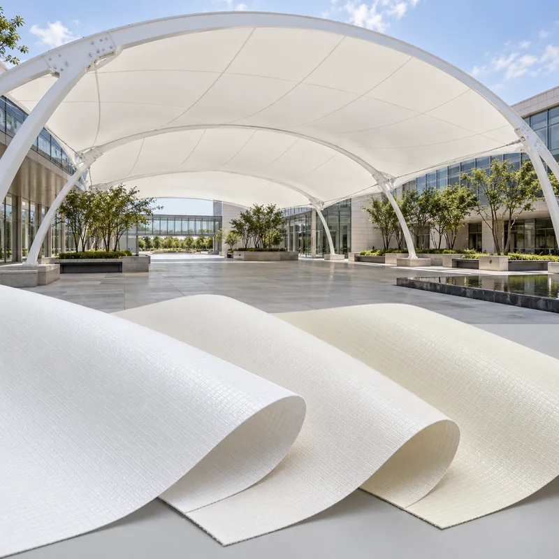 White PTFE tensile roof with white and ivory coated fiberglass fabric samples