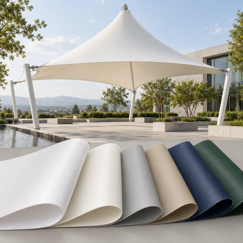 White tensile canopy with white and coloured PVC-coated polyester fabric samples
