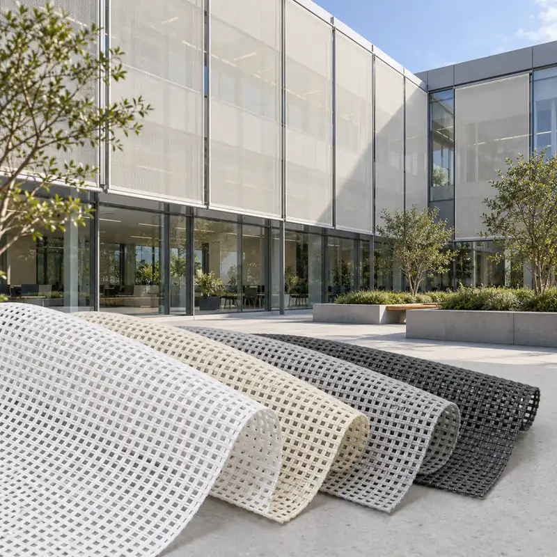 PVC mesh facade shading with white, ivory, grey and charcoal fabric samples