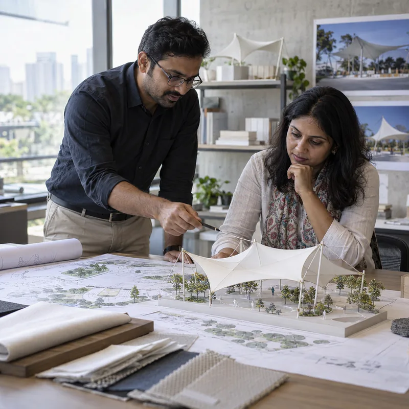 Client and designer reviewing a tensile canopy model and site plans
