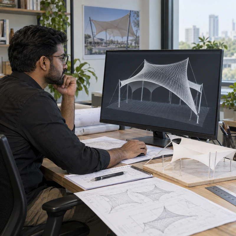Engineer reviewing a tensile membrane canopy model and structural drawings