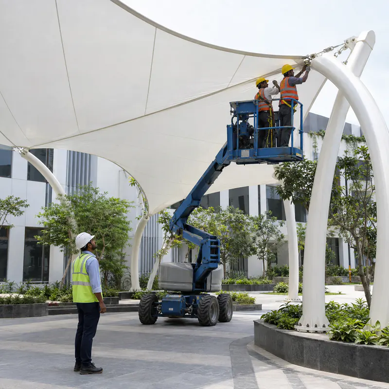 Site installation of a tensile roof and supporting frame