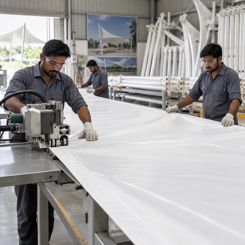 Membrane panels being prepared in the workshop