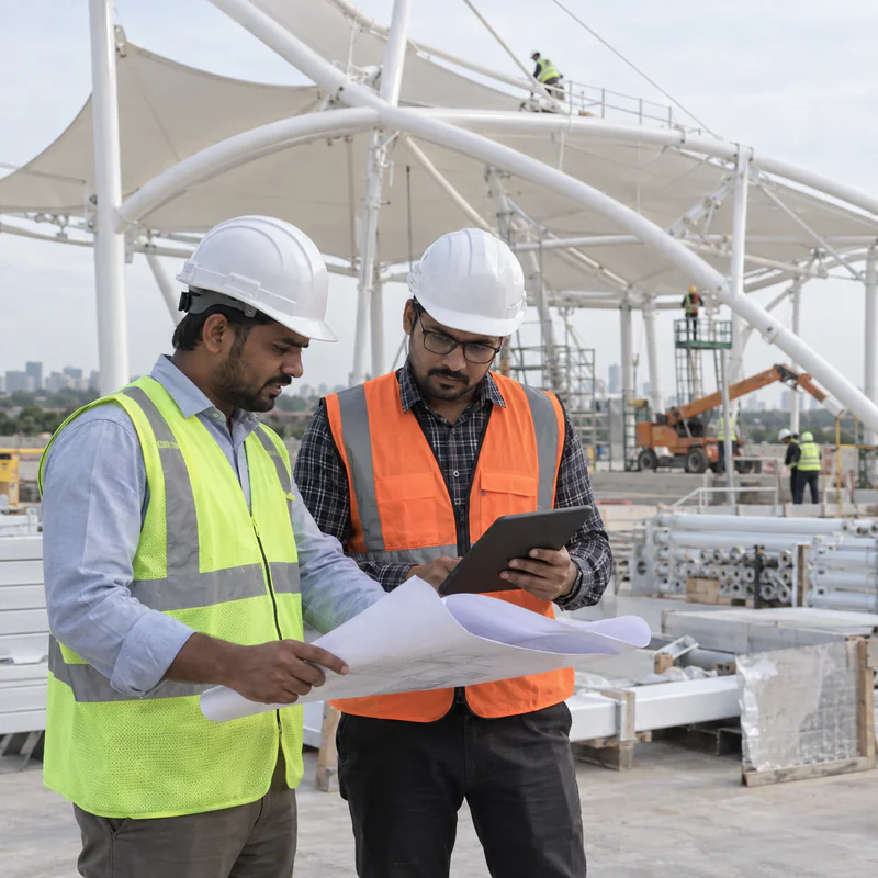 Site coordinators reviewing plans for a tensile canopy project