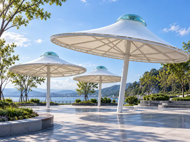 Sculptural white tensile canopies on single columns beside a waterfront plaza
