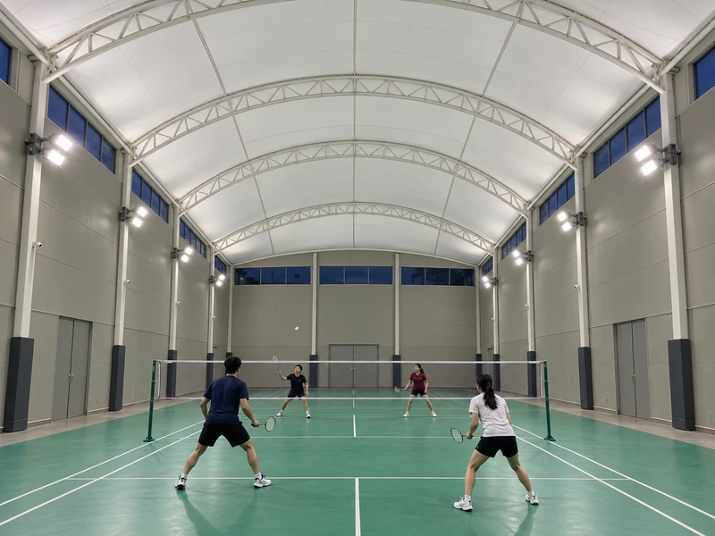 Evening doubles play inside an enclosed badminton hall with illuminated tensile roof