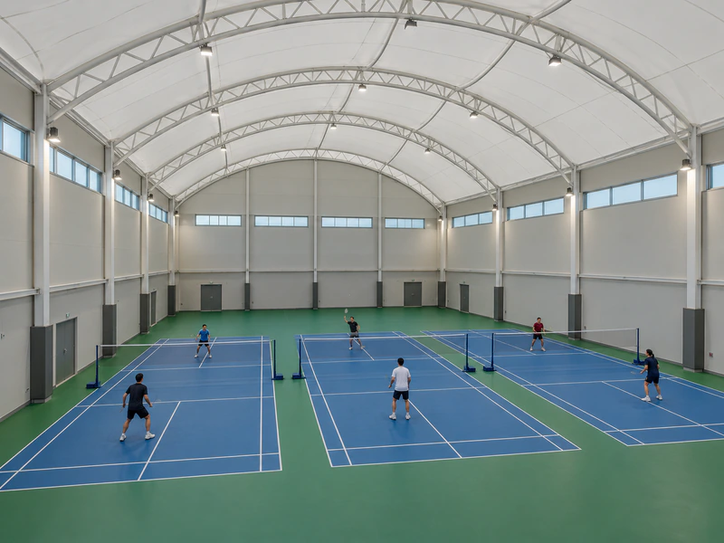 Enclosed multi-court badminton hall with tensile roofing and steel arch trusses