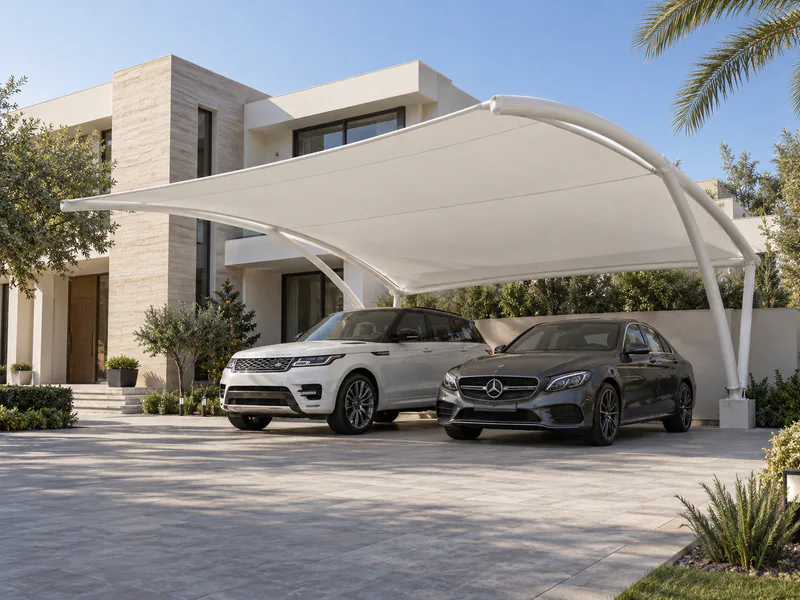 White cantilever car parking canopy over two cars in a residential villa driveway