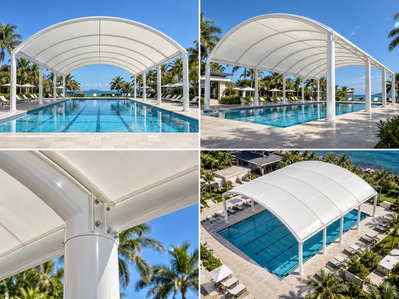 Four views of a white swimming pool canopy showing the roof, steel connection and pool coverage