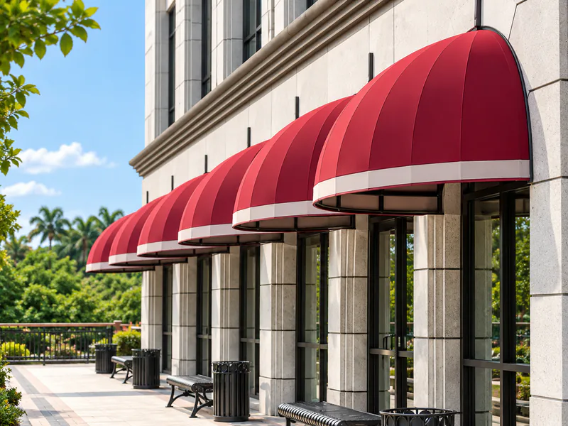 Red dome-shaped window sun shades along a stone-clad building