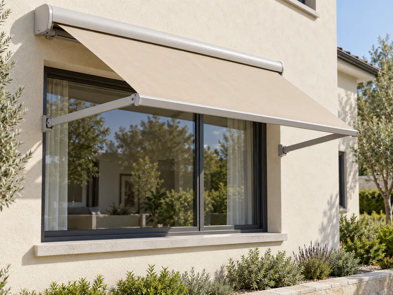 Beige retractable window awning with wall-mounted cassette and support arms