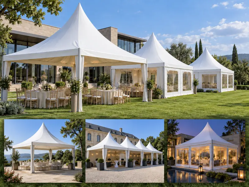 White aluminium pagoda tents with event lawn dining and three alternative outdoor setups