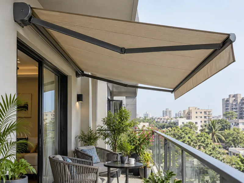 Retractable fabric awning open over an apartment balcony with chairs and potted plants
