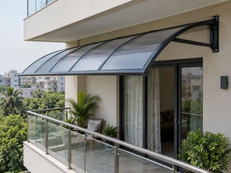 Polycarbonate balcony awning fixed to the slab above a builder-floor balcony with a railing