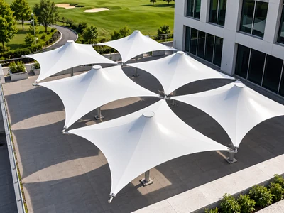 White tensile commercial canopies on central steel posts covering a terrace beside an office building