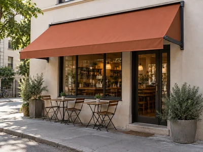 Terracotta fixed fabric awning over a cafe frontage