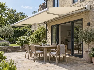 Cream patio awning with folding arms above garden dining furniture