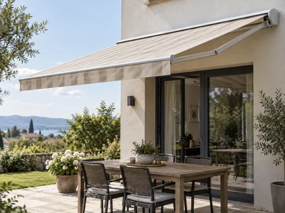 Beige striped retractable awning above a patio dining table