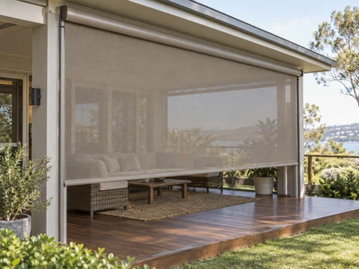 Partially lowered taupe vertical roller awning on a veranda