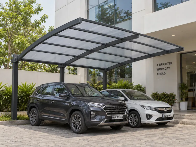 Cantilever carport canopy with posts at the back covering cars outside a small office