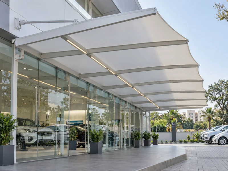 White fabric canopy along the glass frontage of a car showroom with brand lighting under the frame