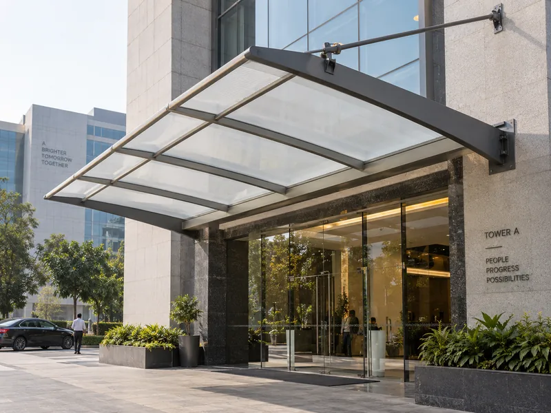 Cantilever fabric canopy over the lobby entrance of an office building in Gurugram