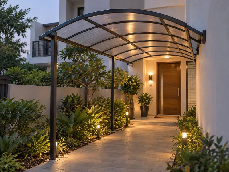 Covered pathway canopy with evening lights along a short garden path to a house door