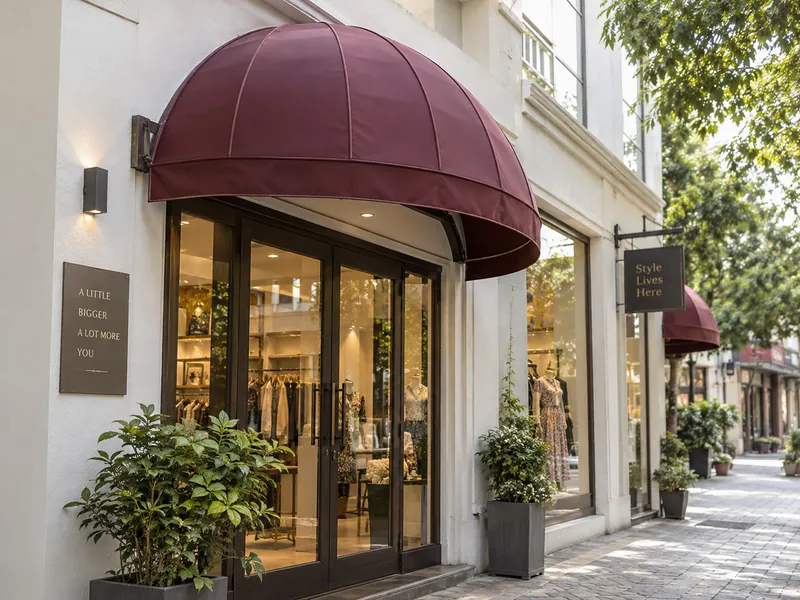 Burgundy dome awning with a curved frame above the entrance of a boutique shop