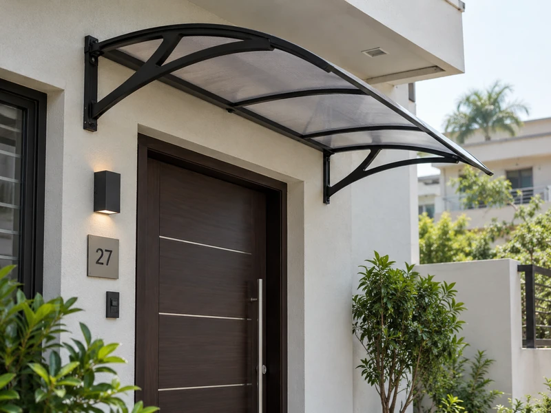 Polycarbonate door awning on a black frame above a house front door with a dry doorstep