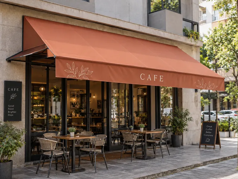 Terracotta fixed fabric awning with a printed valance over a café shopfront