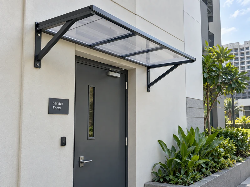 Clear polycarbonate fixed awning on a powder-coated frame above a building service door