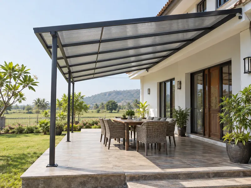 Wide patio awning with front support posts over outdoor dining beside a farmhouse